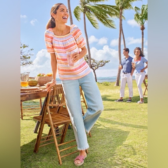 Talbots Plus Square Neck Linen Top Palm Stripe size 1X - Picture 1 of 16